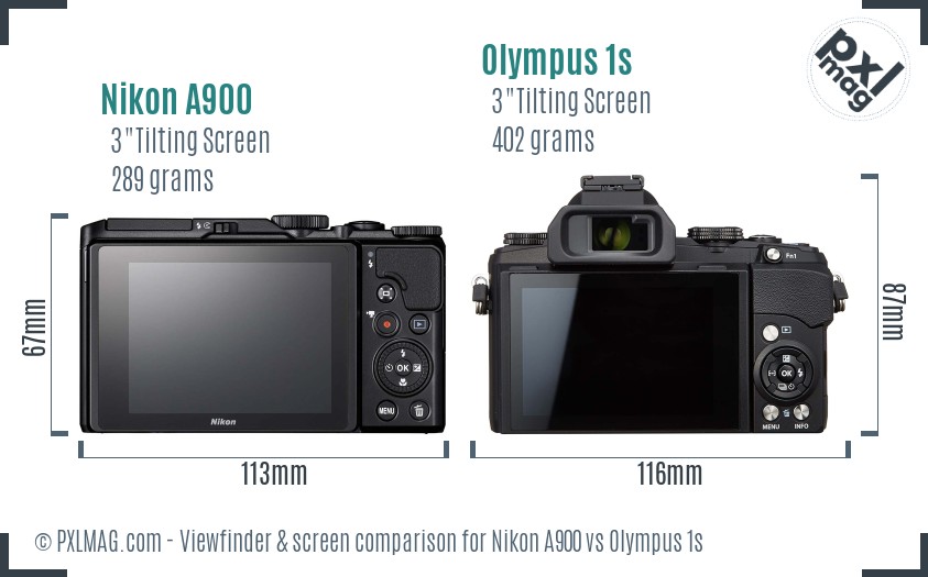 Nikon A900 vs Olympus 1s Screen and Viewfinder comparison