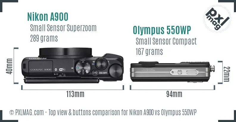 Nikon A900 vs Olympus 550WP top view buttons comparison Nikon A900 vs Olympus 550WP top view buttons comparison