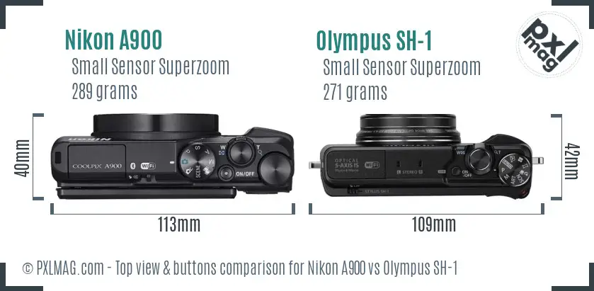 Nikon A900 vs Olympus SH-1 top view buttons comparison