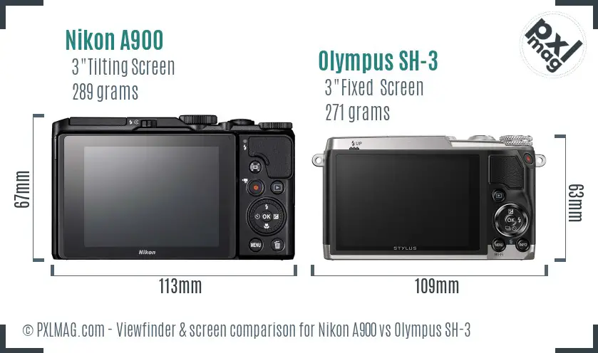 Nikon A900 vs Olympus SH-3 Screen and Viewfinder comparison