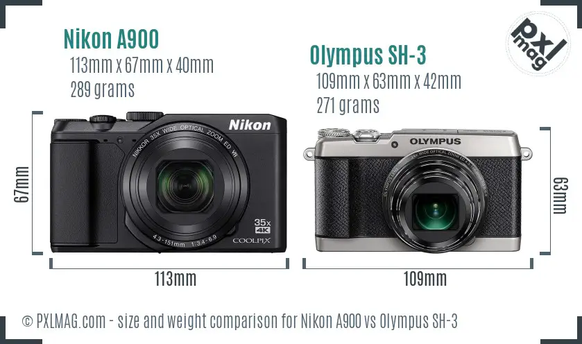 Nikon A900 vs Olympus SH-3 size comparison