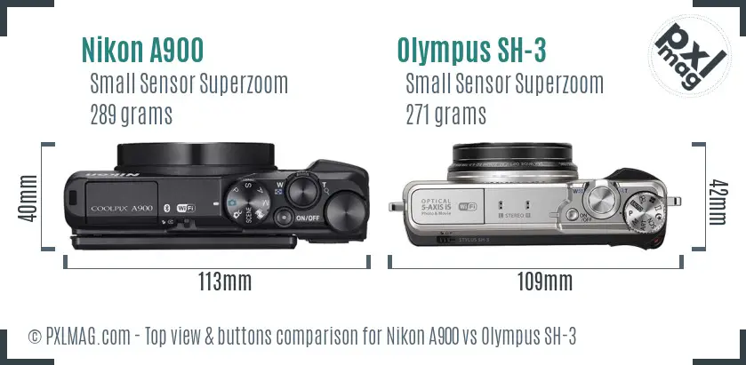 Nikon A900 vs Olympus SH-3 top view buttons comparison