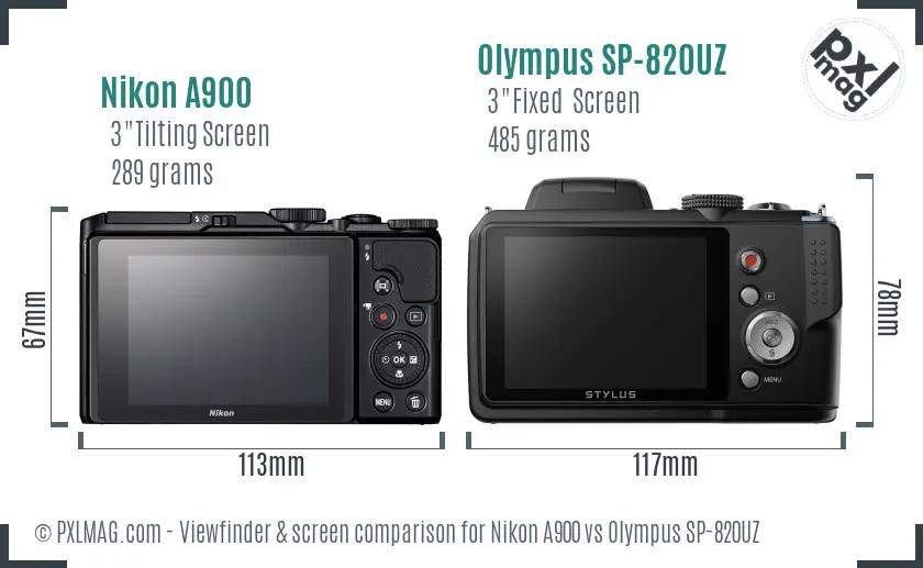 Nikon A900 vs Olympus SP-820UZ Screen and Viewfinder comparison
