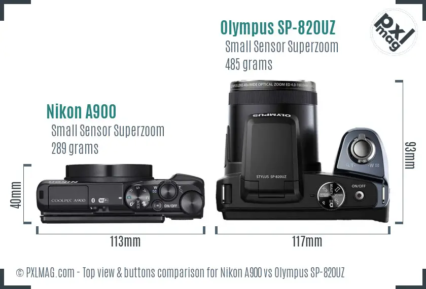 Nikon A900 vs Olympus SP-820UZ top view buttons comparison