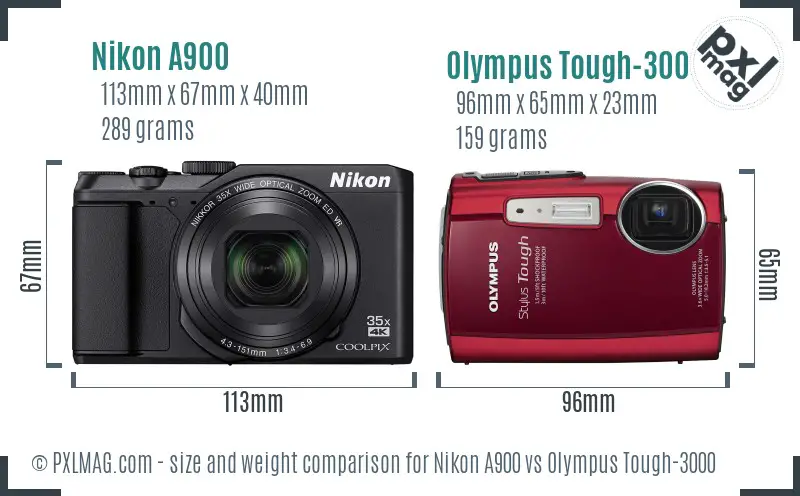 Nikon A900 vs Olympus Tough-3000 size comparison