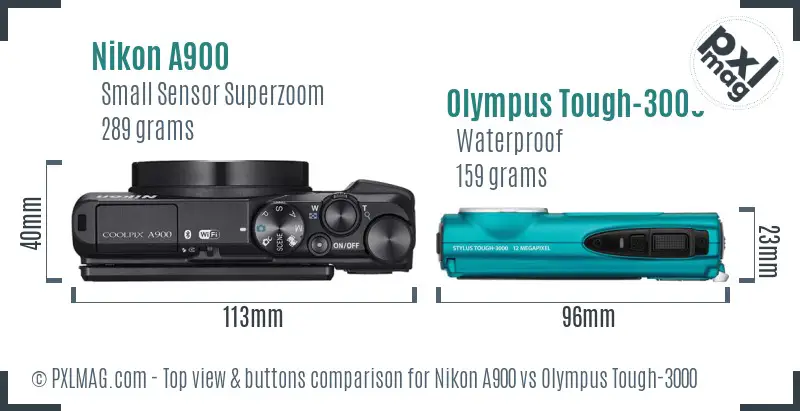 Nikon A900 vs Olympus Tough-3000 top view buttons comparison