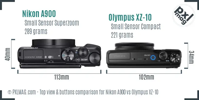 Nikon A900 vs Olympus XZ-10 top view buttons comparison