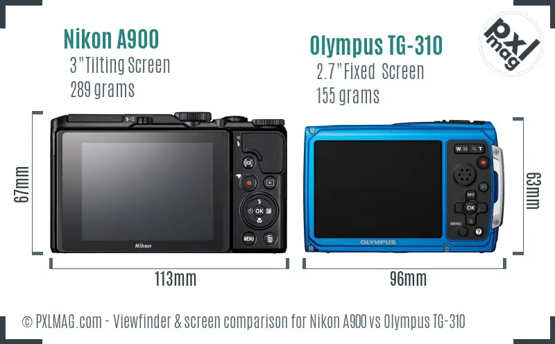 Nikon A900 vs Olympus TG-310 Screen and Viewfinder comparison