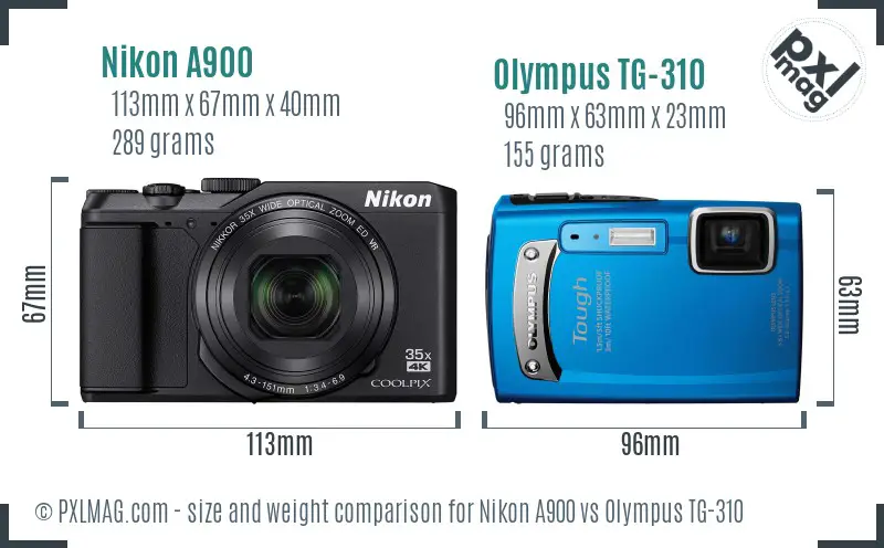 Nikon A900 vs Olympus TG-310 size comparison