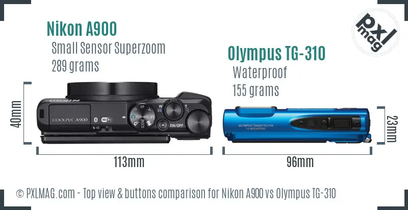 Nikon A900 vs Olympus TG-310 top view buttons comparison
