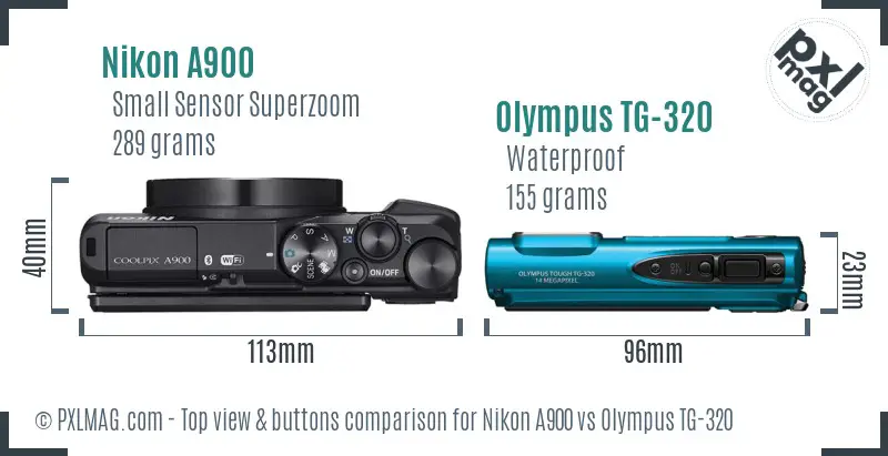 Nikon A900 vs Olympus TG-320 top view buttons comparison