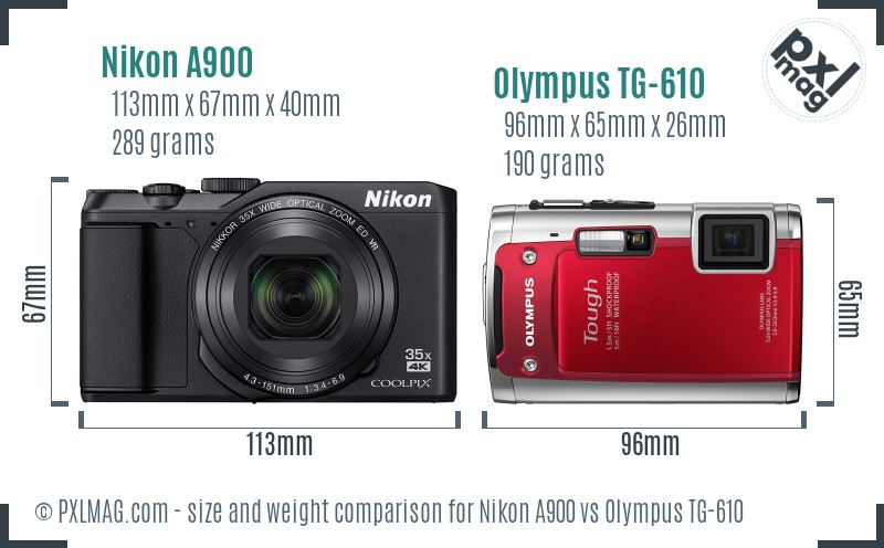 Nikon A900 vs Olympus TG-610 size comparison