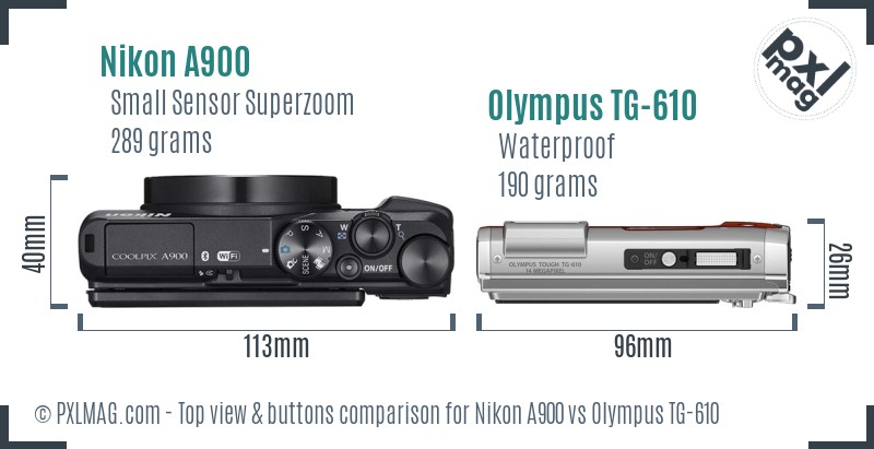 Nikon A900 vs Olympus TG-610 top view buttons comparison