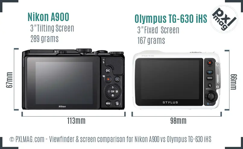 Nikon A900 vs Olympus TG-630 iHS Screen and Viewfinder comparison