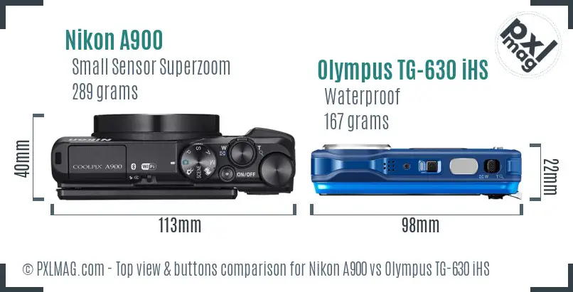 Nikon A900 vs Olympus TG-630 iHS top view buttons comparison