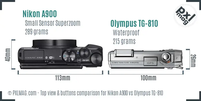 Nikon A900 vs Olympus TG-810 top view buttons comparison