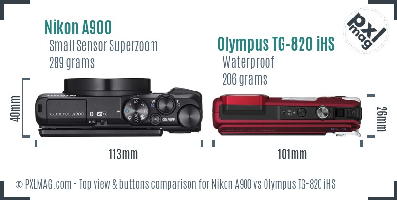 Nikon A900 vs Olympus TG-820 iHS top view buttons comparison