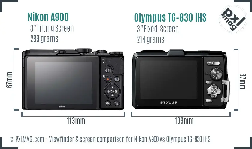 Nikon A900 vs Olympus TG-830 iHS Screen and Viewfinder comparison