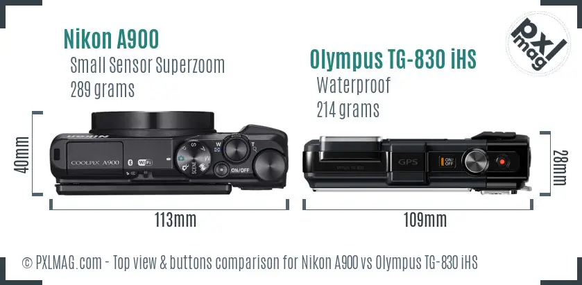 Nikon A900 vs Olympus TG-830 iHS top view buttons comparison