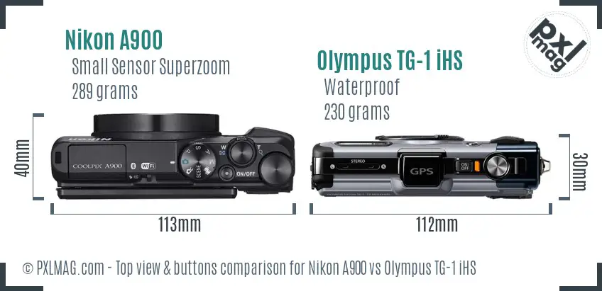 Nikon A900 vs Olympus TG-1 iHS top view buttons comparison