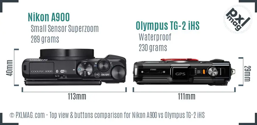 Nikon A900 vs Olympus TG-2 iHS top view buttons comparison