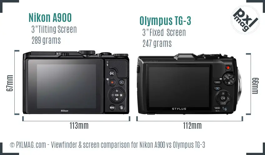 Nikon A900 vs Olympus TG-3 Screen and Viewfinder comparison