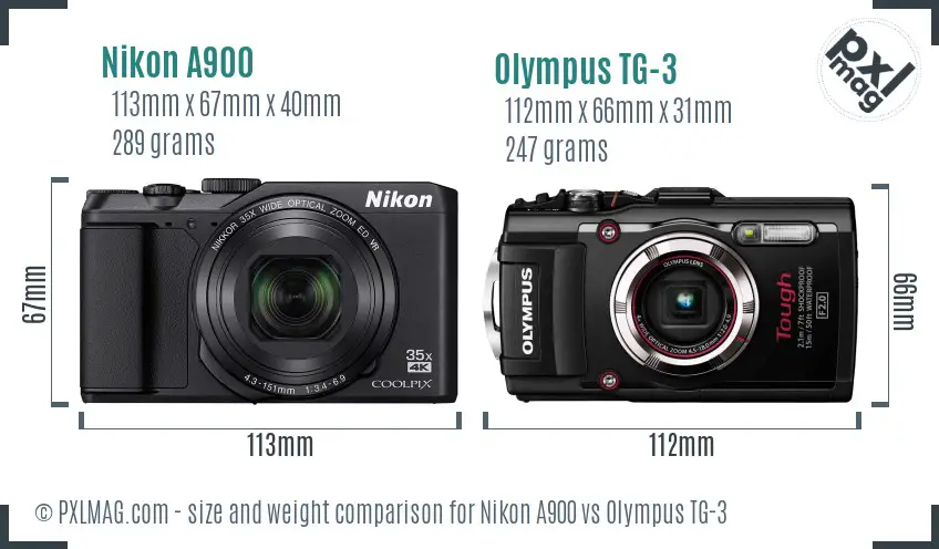 Nikon A900 vs Olympus TG-3 size comparison