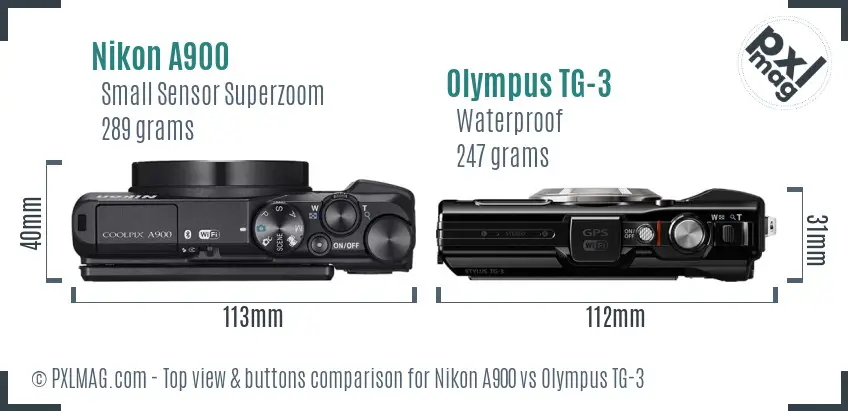 Nikon A900 vs Olympus TG-3 top view buttons comparison