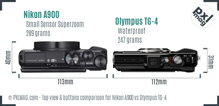 Nikon A900 vs Olympus TG-4 top view buttons comparison