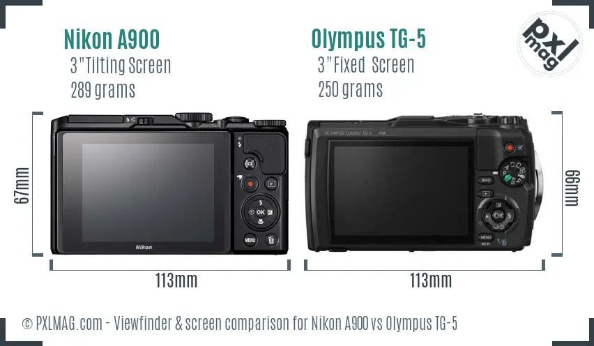 Nikon A900 vs Olympus TG-5 Screen and Viewfinder comparison