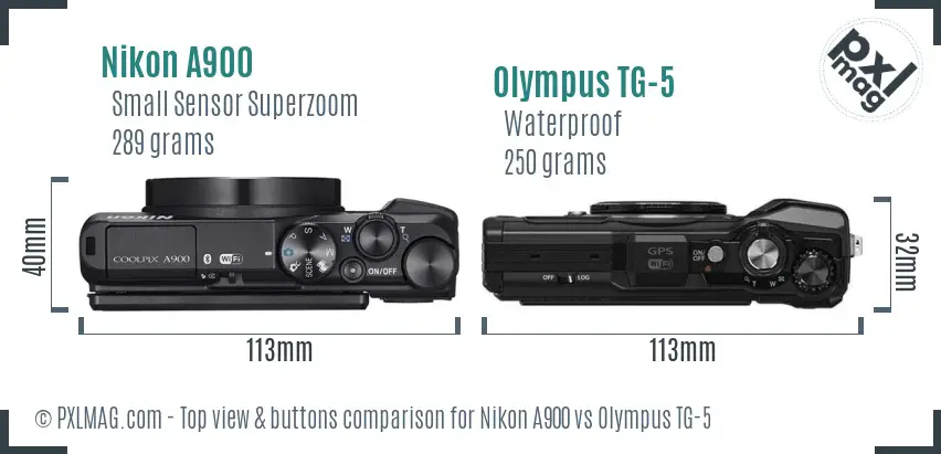 Nikon A900 vs Olympus TG-5 top view buttons comparison