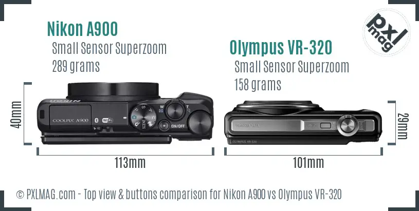 Nikon A900 vs Olympus VR-320 top view buttons comparison