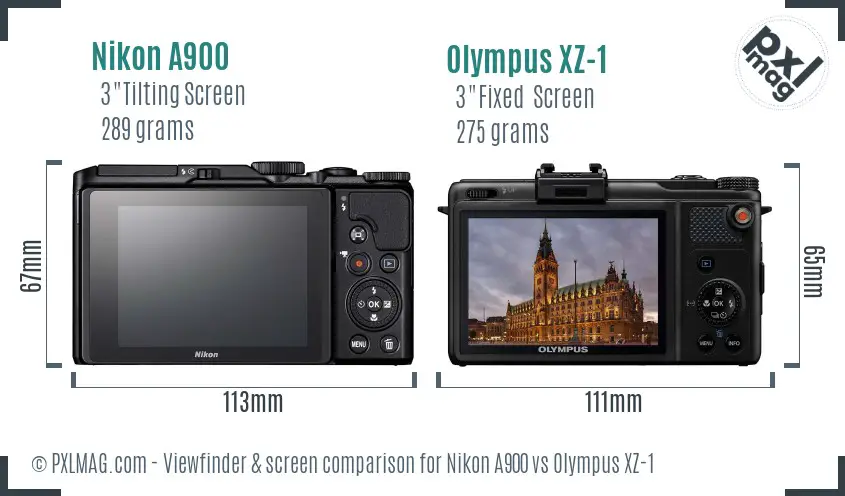 Nikon A900 vs Olympus XZ-1 Screen and Viewfinder comparison