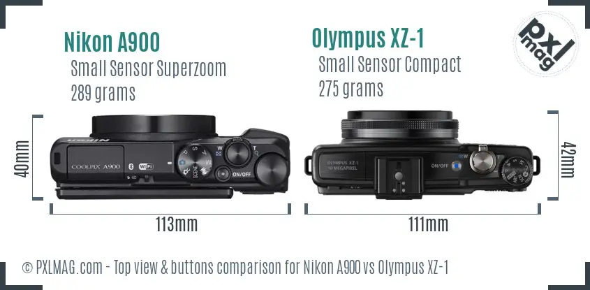 Nikon A900 vs Olympus XZ-1 top view buttons comparison