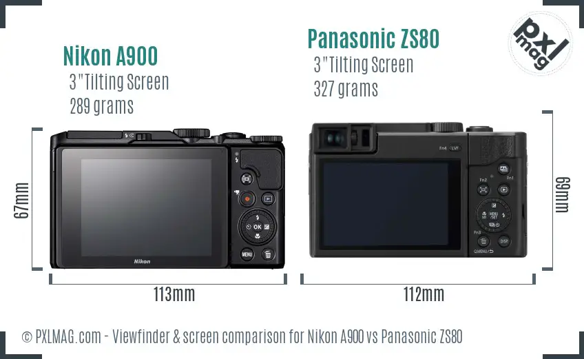 Nikon A900 vs Panasonic ZS80 Screen and Viewfinder comparison