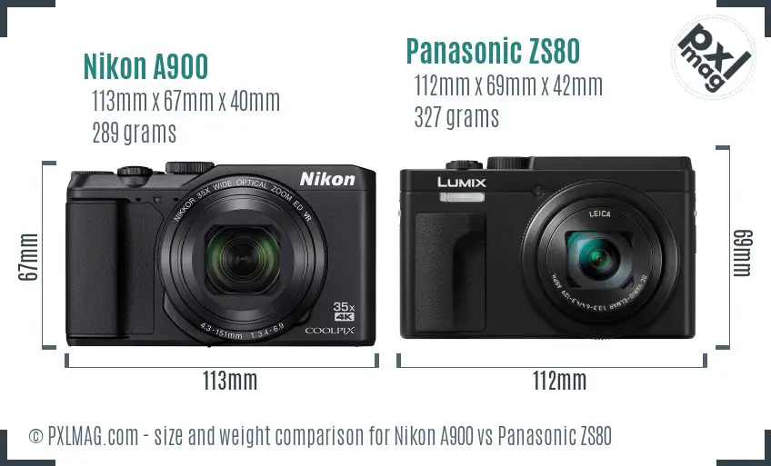 Nikon A900 vs Panasonic ZS80 size comparison