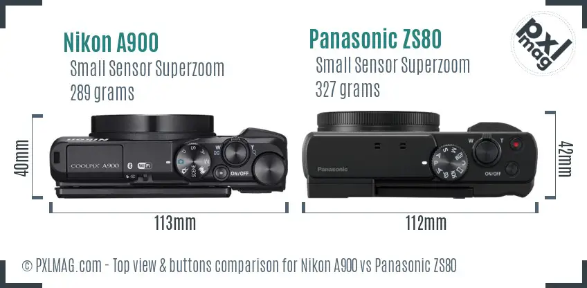 Nikon A900 vs Panasonic ZS80 top view buttons comparison