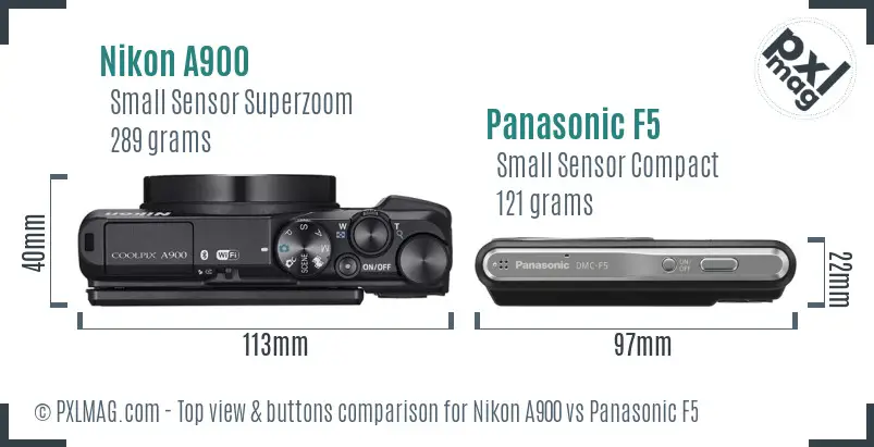 Nikon A900 vs Panasonic F5 top view buttons comparison