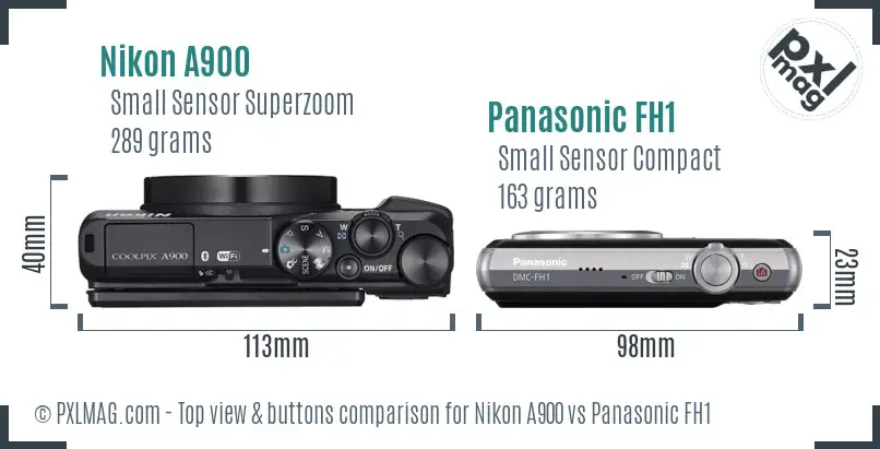 Nikon A900 vs Panasonic FH1 top view buttons comparison