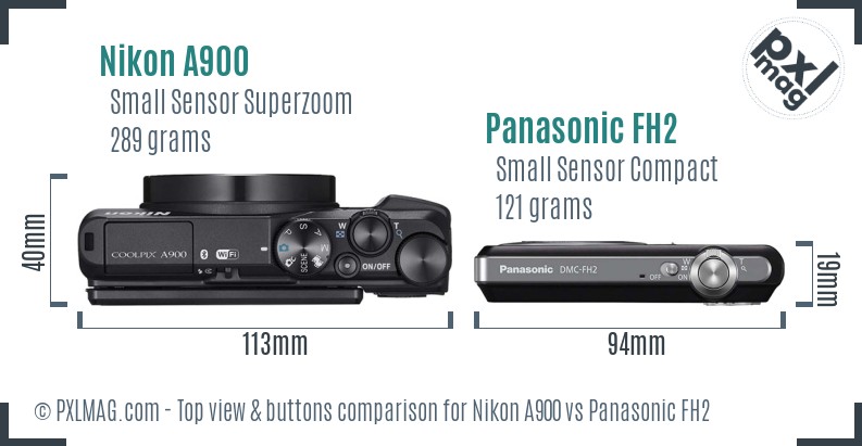 Nikon A900 vs Panasonic FH2 top view buttons comparison