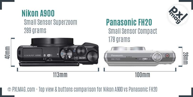 Nikon A900 vs Panasonic FH20 top view buttons comparison