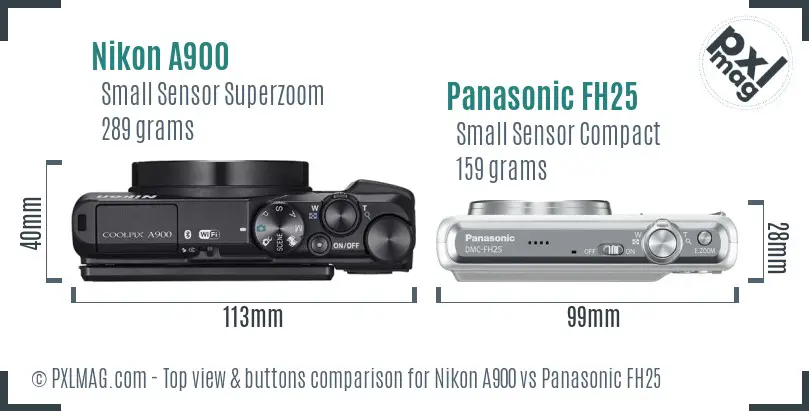 Nikon A900 vs Panasonic FH25 top view buttons comparison