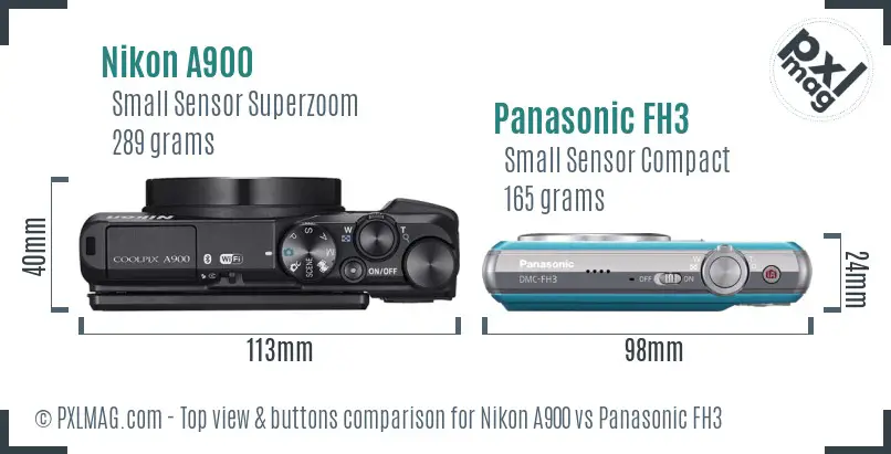 Nikon A900 vs Panasonic FH3 top view buttons comparison