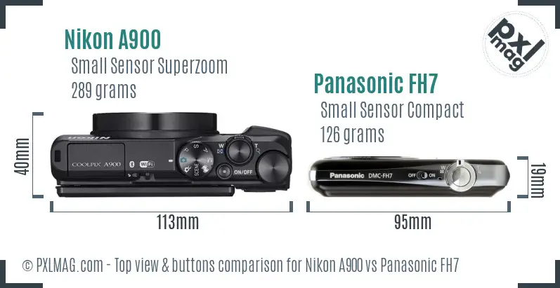 Nikon A900 vs Panasonic FH7 top view buttons comparison