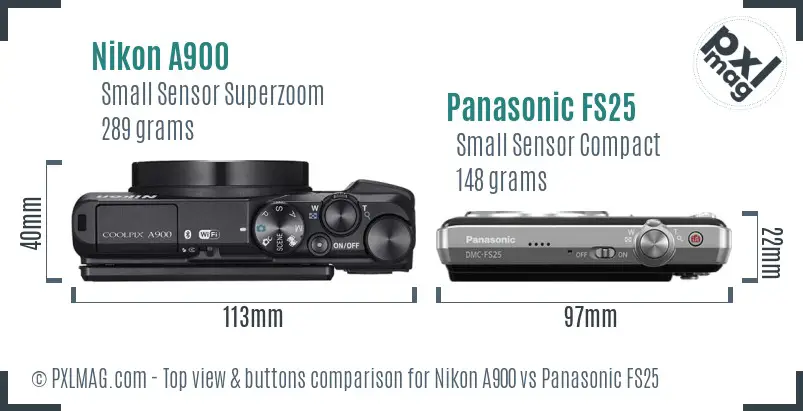 Nikon A900 vs Panasonic FS25 top view buttons comparison