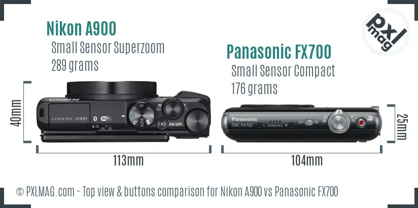 Nikon A900 vs Panasonic FX700 top view buttons comparison Nikon A900 vs Panasonic FX700 top view buttons comparison