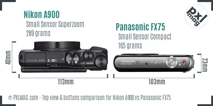 Nikon A900 vs Panasonic FX75 top view buttons comparison Nikon A900 vs Panasonic FX75 top view buttons comparison