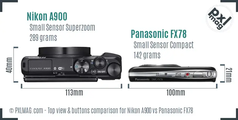 Nikon A900 vs Panasonic FX78 top view buttons comparison