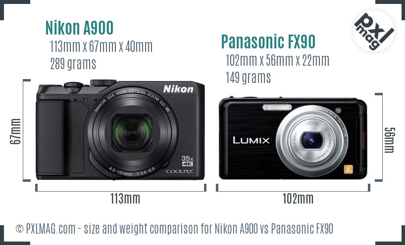 Nikon A900 vs Panasonic FX90 size comparison