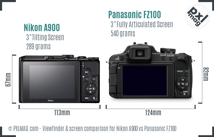 Nikon A900 vs Panasonic FZ100 Screen and Viewfinder comparison